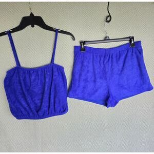 Vintage Action Scene M Top S Bottom Blue Terry Cloth Beach Set